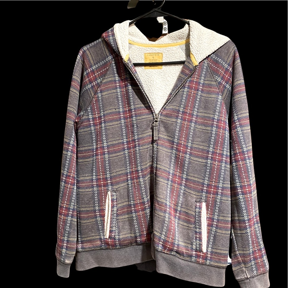 Super cute , Lands’ End Plaid Sweater with hood and pockets and smooth zipper!